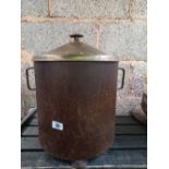 WOOD & BRASS LIDDED COAL BUCKET WITH 2 HANDLES