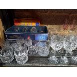 SHELF WITH LARGE QTY OF BOXES & LOOSE DRINKING GLASSES