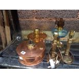 2 VINTAGE ANTIQUE PJ BRYANT MADE IN BRISTOL COPPER OIL LAMPS, 1 WITH ONE WICK THE OTHER WITH TWO,