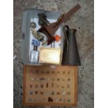 SMALL CARTON WITH HAMMERED COPPER JUG, STEREO VIEWER,