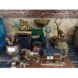 SHELF WITH MISC BRASS WARE INCL: KITCHEN SCALES, BRASS OTTER,