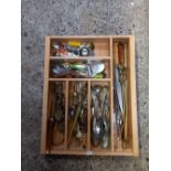 WOODEN CUTLERY TRAY WITH MISC CUTLERY