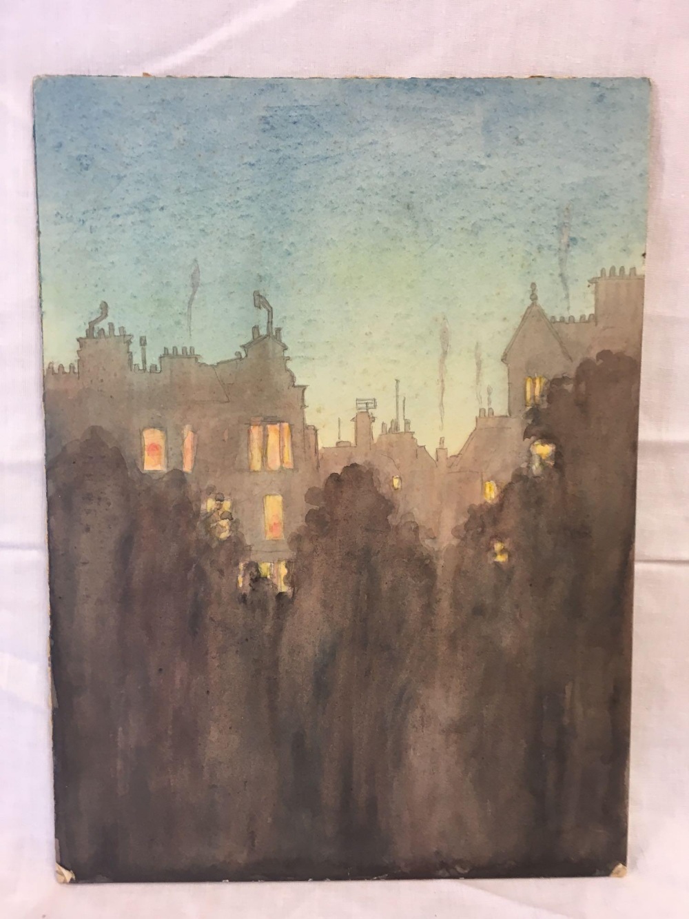 A WATERCOLOUR OF A CITYSCAPE AT DUSK. INSCRIBED TO REVERSE: ALFRED MONTEGUE RIVERS. UNFRAMED.