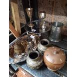 QTY OF MISC METALWARE INCL; COMPORT, PEWTER MUG, SMALL BRASS & COPPER VASES,