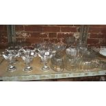 SHELF WITH MIXTURE OF GLASS BOWLS, JELLY MOULDS, FRUIT DISHES,