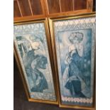 A PAIR OF LARGE GILT FRAMED ART NOUVEAU COLOUR PRINTS OF FEMALE FIGURES SIGNED MUCHA 45” X 17”