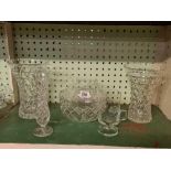 MATCHING PAIR OF CUT GLASS VASES, FRUIT BOWL,