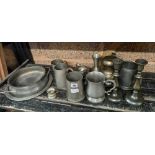 SHELF OF MISC PEWTER WARE