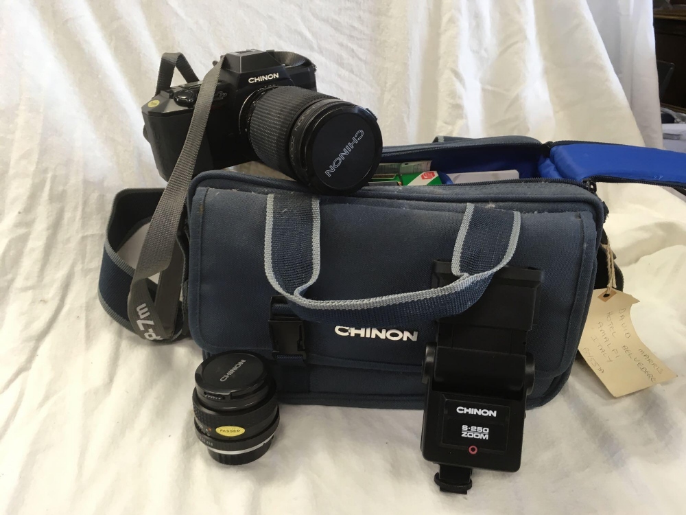 CAMERA BAG WITH MISC PHOTOGRAPHY EQUIPMENT & A CHINON CAMERA WITH A 35 -200 mm LENSE
