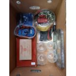 CARTON WITH GLASSES, VOLT METERS, TIN OF KEYS,