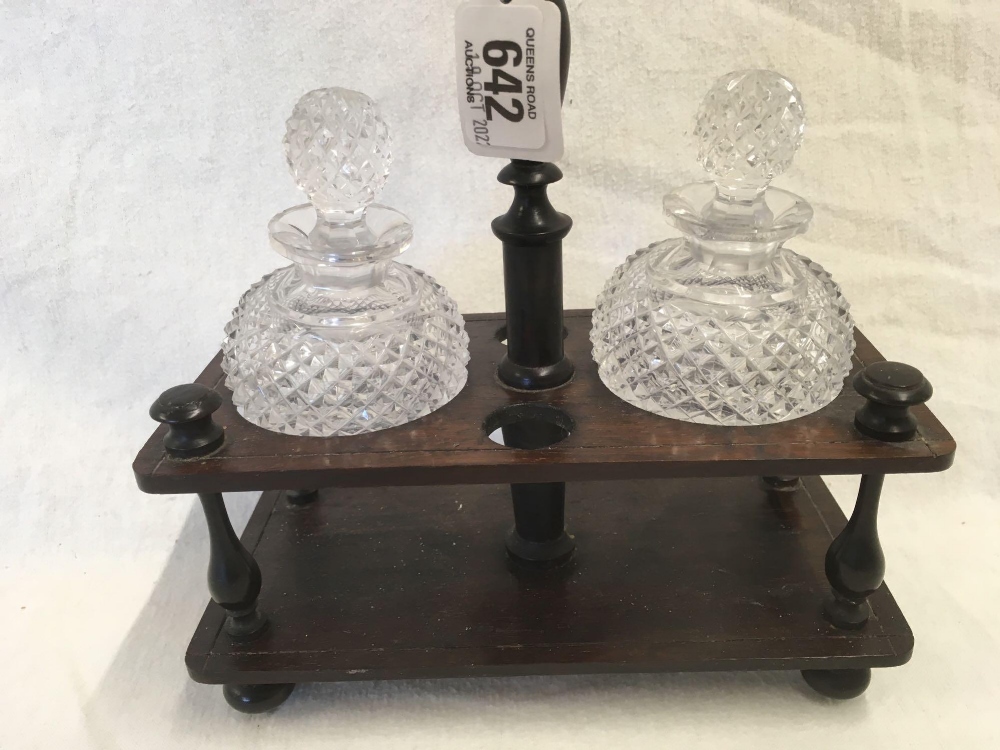 EARLY VICTORIAN WOOD & BRASS STAND WITH 2 X CUT GLASS BOTTLES - Image 2 of 3