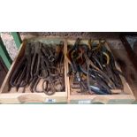 2 WOODEN TRAYS WITH MISC TIN SNIPS, SCISSORS,