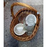 WICKER BASKET WITH GLASS AND CHINA JELLY MOULDS