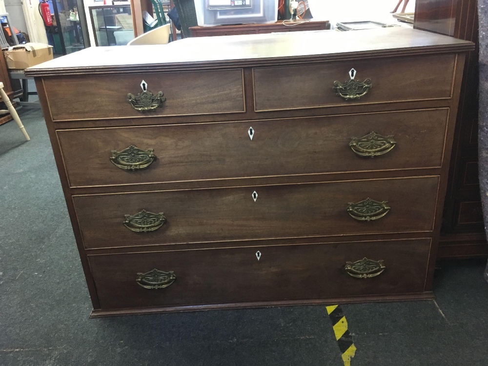 EDWARDIAN FADED MAHOGANY CHEST OF 3 LONG & 2 SHORT DRAWERS WITH BRASS DROP HANDLES,