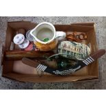 CARTON WITH SUNFLOWER JUG, BOOMERANG, COPPER JUG,