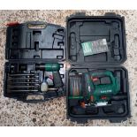 PARKSIDE HAMMER DRILL WITH CHISELS IN CASE & A CORDLESS JIGSAW,