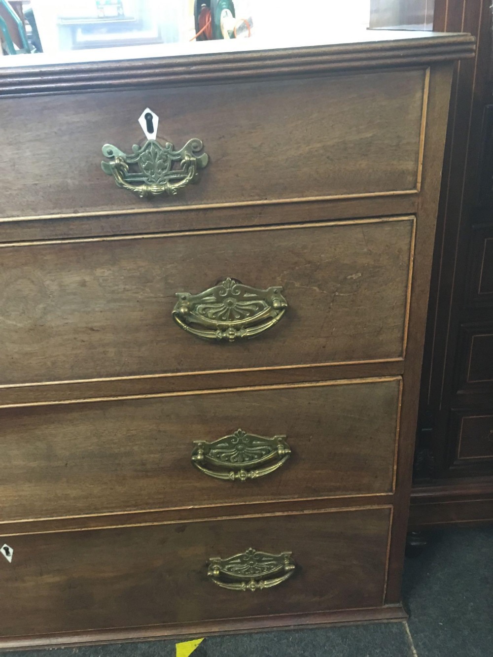 EDWARDIAN FADED MAHOGANY CHEST OF 3 LONG & 2 SHORT DRAWERS WITH BRASS DROP HANDLES, - Image 2 of 4