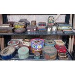 2 SHELVES OF VINTAGE TINS