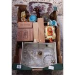 CARTON WITH MISC GLASSWARE, EMPTY WOODEN CIGAR BOXES,