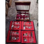 WOODEN CUTLERY BOX WITH PART CONTENTS & 4 BOXED SINGLE SETTING CUTLERY SETS