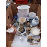 BOX OF ASSORTED CHINA INCL; A POOLE VASE, AN RAF TANKARD,