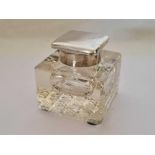 LARGE CUT GLASS INK WELL WITH SILVER HINGED LID,