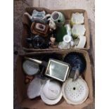 2 CARTONS WITH TEAPOTS, ONE WITH CHIPPED LID, VASES, FIGURINES,