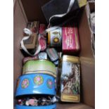 2 CARTONS OF VINTAGE TINS CONTAINING BUTTONS, HOOKS, PLASTERS,