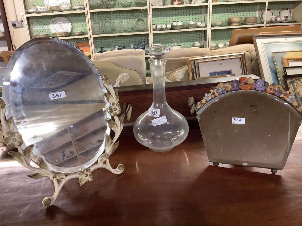 PAIR OF FLORAL FRAMED BEVELLED EDGE TABLE TOP MIRRORS & A GLASS DECANTER