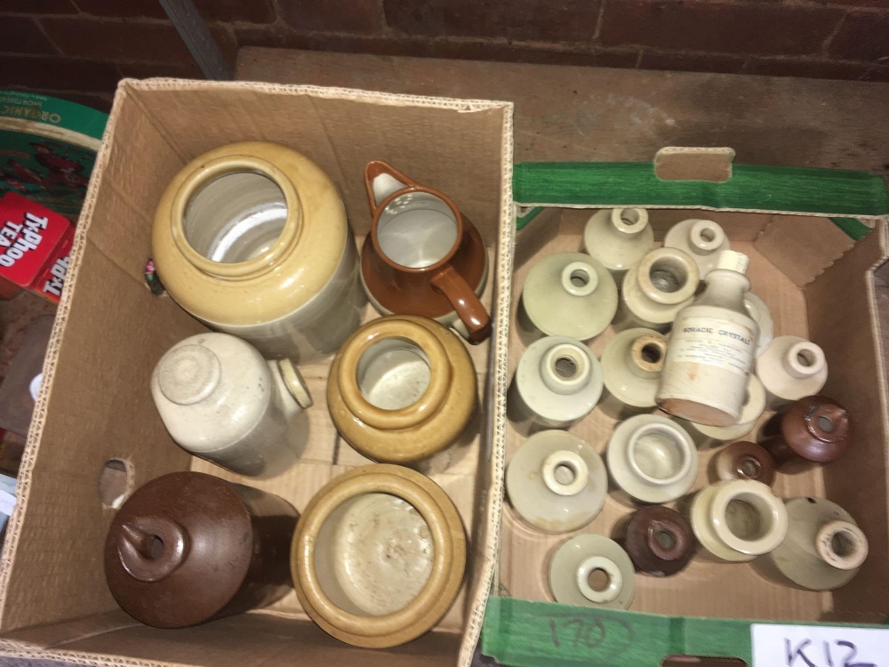 2 SMALL CARTONS OF STONEWARE JARS & MEDICAL BOTTLES