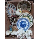 CARTON WITH MISC COMMEMORATIVE PLATES & 5 CHINA COFFEE CANS BY PORTLAND POTTERY LTD