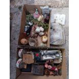 2 CARTONS OF MISC BRIC-A-BRAC INCL; CHESS, DOUBLE CLOCK, FIGURINES, BOX OF MISC SEASHELLS,