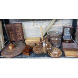 SHELF OF MISC TREEN INCL; AN INLAID FOLDING TABLE, ICE BUCKET, MALLET,