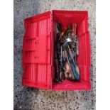 A RED PLASTIC TOOL BOX A/F WITH CONTENTS