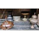 PEWTER JUG & PLATES, COPPER KETTLE, WAVY EDGED PLATE,