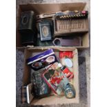 CARTON WITH VARIOUS TRINKET BOXES, 2 CRICKET BALLS, SMALL ACCORDION IN POOR CONDITION,