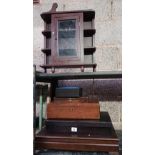 4 WOODEN CUTLERY BOXES & 1 OTHER & A SMALL DISPLAY CABINET