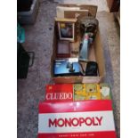 CARTON WITH MONOPOLY & CLUEDO SET, WALL HANGING PICTURES, PANASONIC TELEPHONE SET,