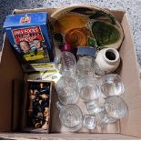 CARTON WITH MISC DRINKING GLASSES, A VASE,