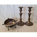 SMALL REVOLVING DISH & A PAIR OF CANDLESTICKS