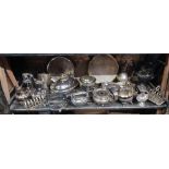 SHELF WITH LARGE QTY OF PLATED ITEMS INCL, TUREENS, HOT WATER JUGS, TEA POTS,
