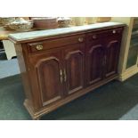 MODERN MAHOGANY NARROW SIDEBOARD WITH MARBLE TOP, REPAIRED,