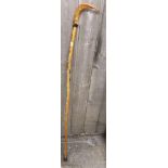 WOODEN HIKING STICK WITH HORN HANDLE & QTY OF TOWN BADGES ATTACHED