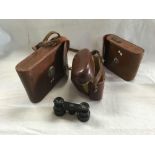 3 VINTAGE LEATHER CAMERA CASES & SMALL PAIR OF OPERA GLASSES