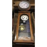 PENDULUM WALL CLOCK & AN ANEROID BAROMETER MISSING GLASS FACE