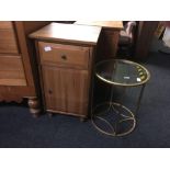 PINE BEDSIDE CABINET & A BRASS EFFECT & GLASS CIRCULAR COFFEE TABLE