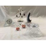 SHELF OF GLASS ORNAMENTS PAPERWEIGHTS & A SMALL CLOCK