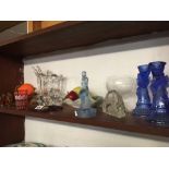 SHELF OF ORNAMENTAL GLASSWARE,