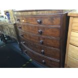 MAHOGANY BOW FRONTED CHEST OF 5 DRAWERS ON BUN FEET