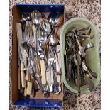 CARTON & A TUB OF MISC PLATED CUTLERY & UTENSILS